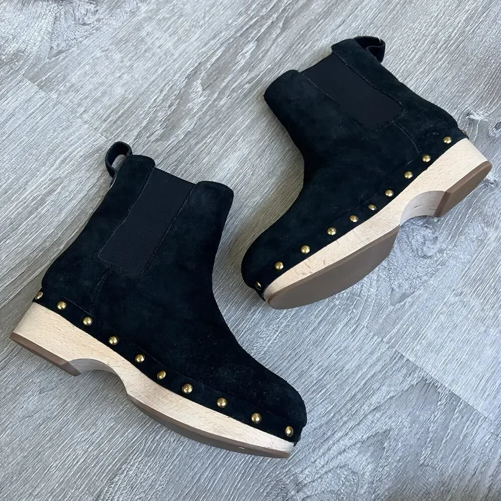 J. CREW Faux Fur Lined Chelsea Clog Boots Black Suede Leather Sz 6 Gold Studded
